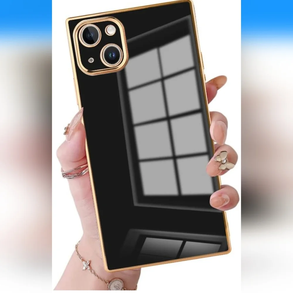 iPhone 14 Case Square Cute Gold Plating Reinforced Corners Edge Soft TPU Shock A